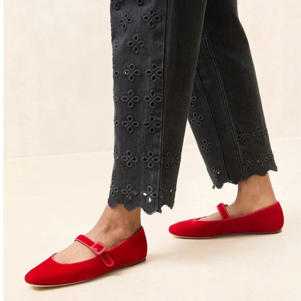 Loeffler‎ Randall Ginger Red Velvet Mary Jane Flats Square Toe Ballet Sz 9